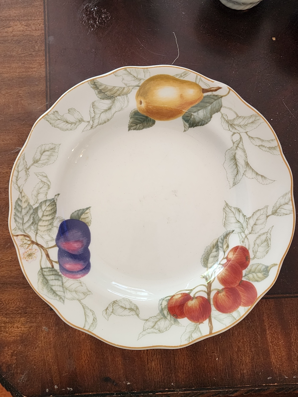 Charter Club White Fruit Motif Dinner Plate with Yellow, Purple, Red Accents